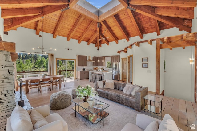 2421 S Navajo Unit Pi-C50, Coalville, UT 84017 - living area with light wood finished floors, beamed ceiling, high vaulted ceiling, and wood ceiling