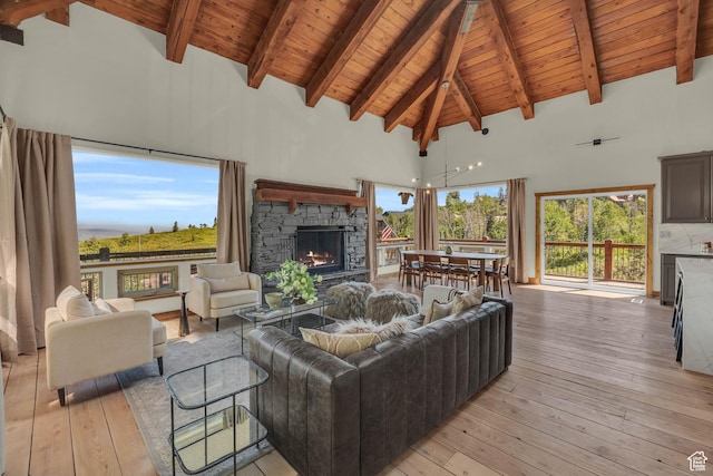 2421 S Navajo Unit Pi-C50, Coalville, UT 84017 - living area with a healthy amount of sunlight, light wood-type flooring, wooden ceiling, high vaulted ceiling, and a stone fireplace