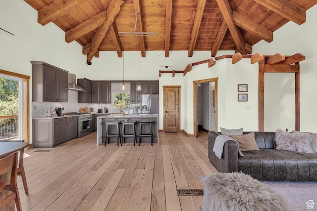 2421 S Navajo Unit Pi-C50, Coalville, UT 84017 - living room featuring beamed ceiling, light wood-type flooring, high vaulted ceiling, and wood ceiling