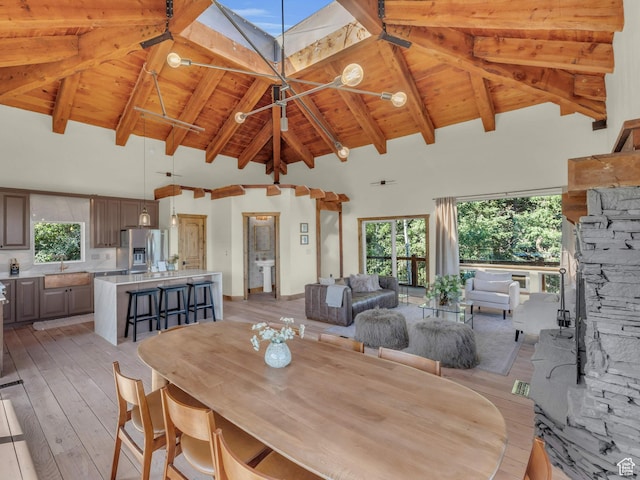 2421 S Navajo Unit Pi-C50, Coalville, UT 84017 - dining room featuring beamed ceiling, high vaulted ceiling, light wood-style floors, and wood ceiling