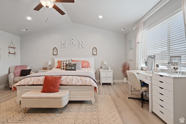 7016 N Amber Mead Ave, Eagle Mountain, UT 84005 - bedroom featuring baseboards, lofted ceiling, light wood-style flooring, and recessed lighting