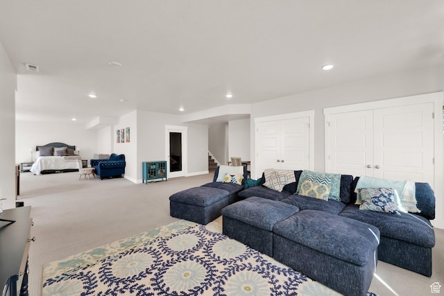 2266 S Betsys Way, Kaysville, UT 84037 - living area with carpet flooring, stairway, recessed lighting, and baseboards