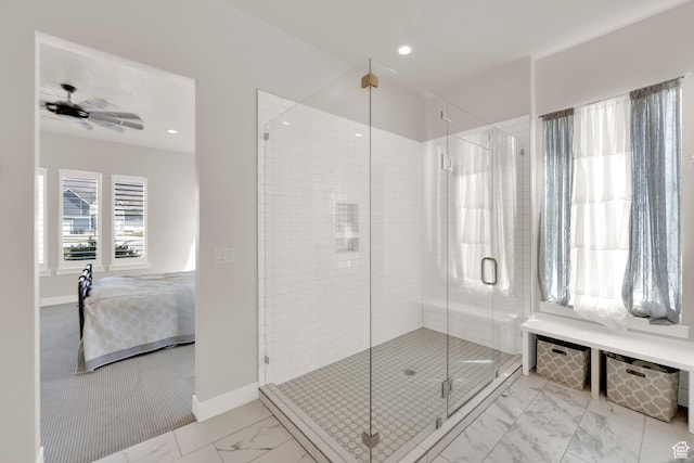 2266 S Betsys Way, Kaysville, UT 84037 - ensuite bathroom featuring marble look tiles, baseboards, a shower stall, and recessed lighting