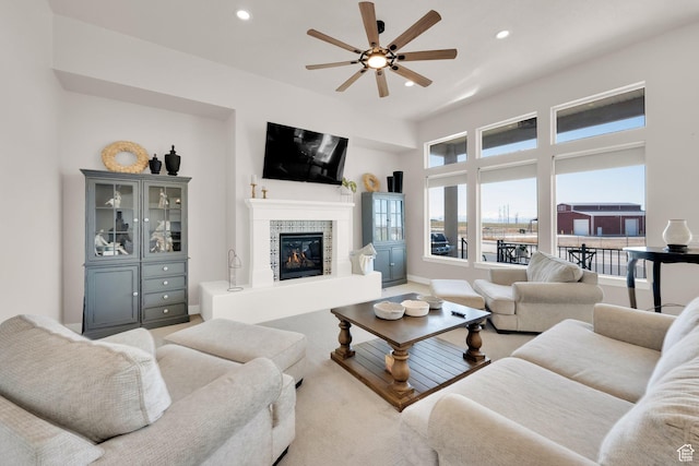 2266 S Betsys Way, Kaysville, UT 84037 - living room with a ceiling fan, recessed lighting, a tiled fireplace, and baseboards