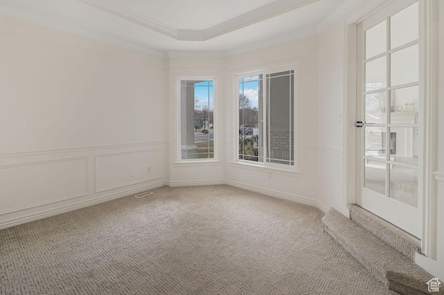 unfurnished room with ornamental molding, light carpet, and a raised ceiling