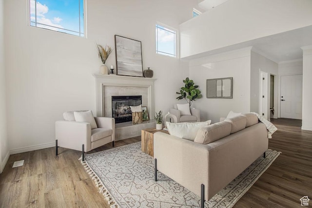 living room with a fireplace, wood finished floors, and baseboards