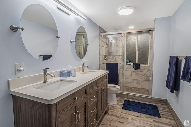 full bathroom featuring toilet, a shower stall, and a sink