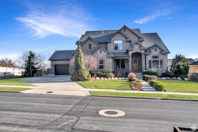 view of front facade featuring stone siding, driveway, stucco siding, and a front lawn