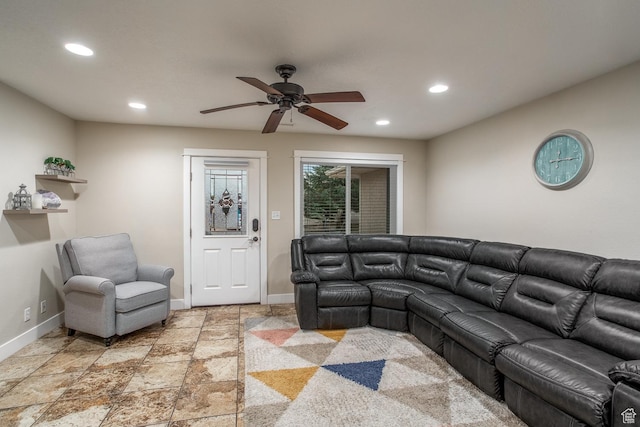2164 S Alison Row, St George, UT 84790 - living room featuring baseboards, recessed lighting, and a ceiling fan