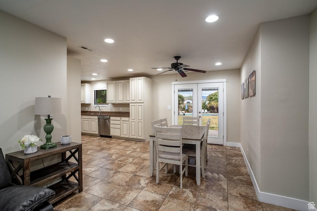 2164 S Alison Row, St George, UT 84790 - dining space featuring visible vents, stone finish flooring, baseboards, recessed lighting, and a ceiling fan