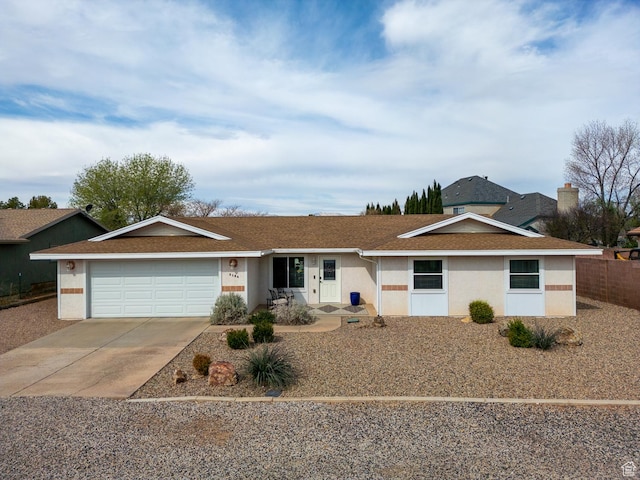 single story home with stucco siding, driveway, a garage, and a shingled roof