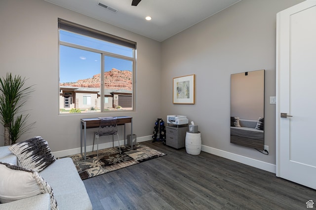 484 E Mohawk Dr, Kanab, UT 84741 - office area featuring dark wood finished floors, baseboards, visible vents, and a ceiling fan