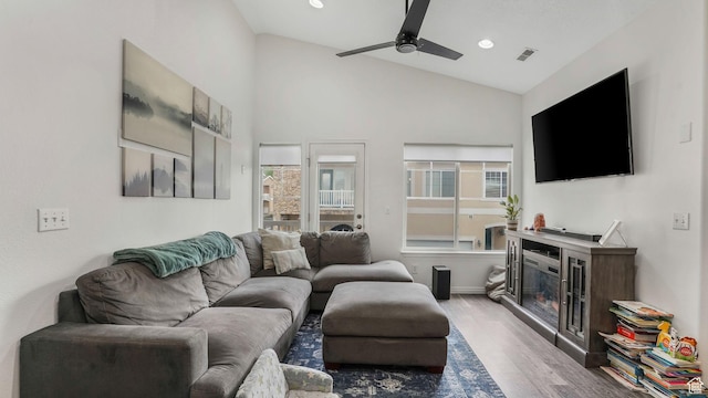 1138 S Meadow Fork Rd E Unit 3, Provo, UT 84606 - living area featuring healthy amount of natural light, wood finished floors, a ceiling fan, vaulted ceiling, and recessed lighting