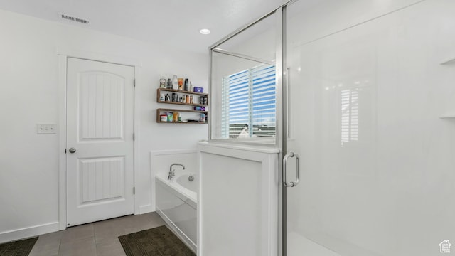 442 Doubleday St, Mapleton, UT 84664 - bathroom featuring visible vents, tile patterned floors, recessed lighting, a stall shower, and a garden tub