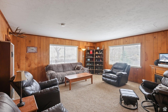 carpeted living area with wooden walls, a healthy amount of sunlight, and a textured ceiling