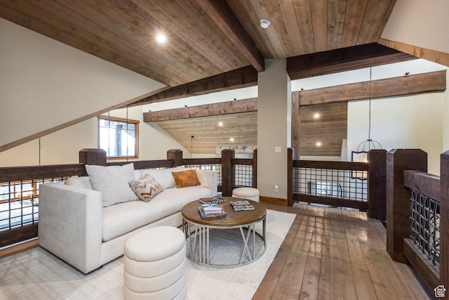 5956 N Triple Crown Trl, Oakley, UT 84055 - living area featuring vaulted ceiling with beams, wood ceiling, hardwood / wood-style flooring, and an inviting chandelier