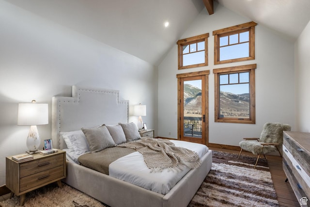 5956 N Triple Crown Trl, Oakley, UT 84055 - bedroom with high vaulted ceiling, baseboards, access to outside, beamed ceiling, and wood finished floors