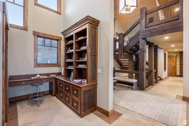 5956 N Triple Crown Trl, Oakley, UT 84055 - home office with a high ceiling, baseboards, and recessed lighting