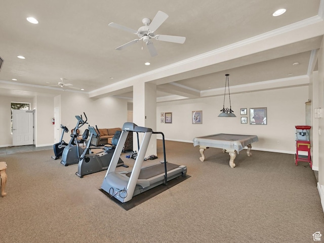 14146 S Spyglass Hill Dr, Draper, UT 84020 - exercise area with ceiling fan, recessed lighting, carpet floors, ornamental molding, and baseboards