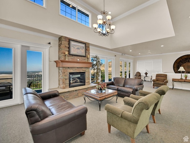 14146 S Spyglass Hill Dr, Draper, UT 84020 - carpeted living room featuring a towering ceiling, crown molding, a chandelier, recessed lighting, and a stone fireplace