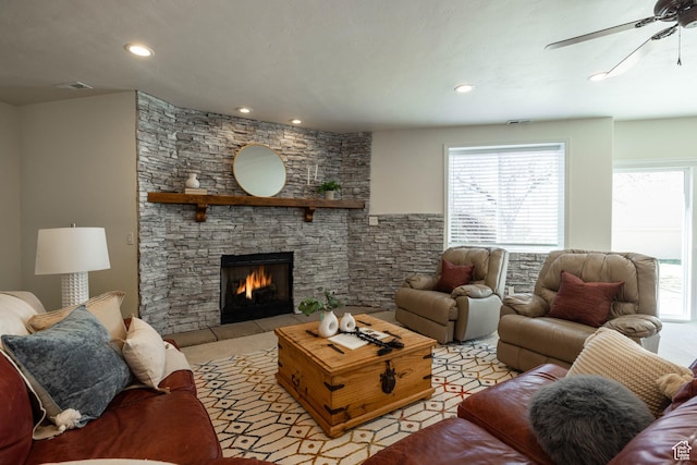 14146 S Spyglass Hill Dr, Draper, UT 84020 - living room with plenty of natural light, ceiling fan, a fireplace, and recessed lighting