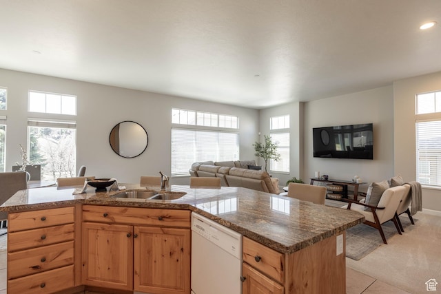14146 S Spyglass Hill Dr, Draper, UT 84020 - kitchen with dishwasher, open floor plan, a sink, light carpet, and light tile patterned flooring