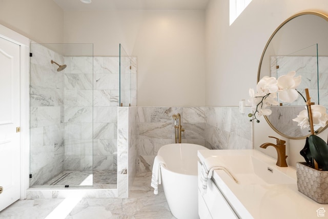 14146 S Spyglass Hill Dr, Draper, UT 84020 - full bath with a soaking tub, a tile shower, vanity, marble finish floors, and tile walls