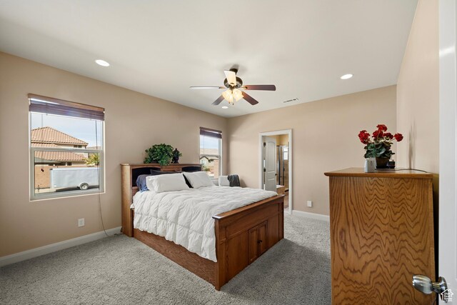 1041 E Silver Shadows Dr, Washington, UT 84780 - bedroom with recessed lighting, carpet flooring, baseboards, visible vents, and a ceiling fan