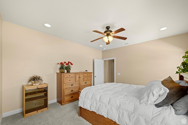 1041 E Silver Shadows Dr, Washington, UT 84780 - bedroom featuring a ceiling fan, light carpet, baseboards, visible vents, and recessed lighting