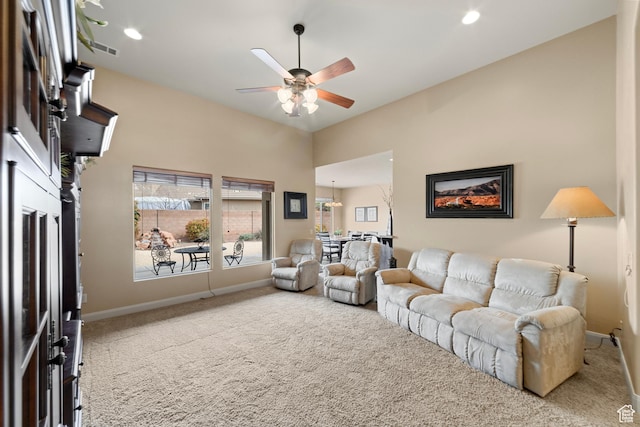 1041 E Silver Shadows Dr, Washington, UT 84780 - living area with recessed lighting, carpet flooring, baseboards, visible vents, and a ceiling fan