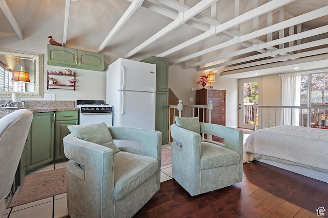 178 N Valley View Dr, North Salt Lake, UT 84054 - bedroom with dark wood finished floors, vaulted ceiling with beams, access to outside, and freestanding refrigerator