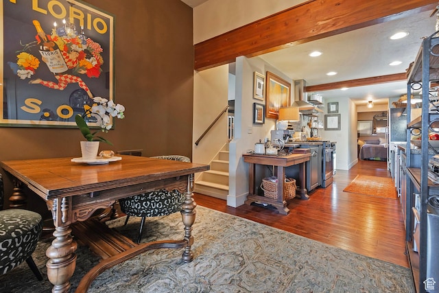 178 N Valley View Dr, North Salt Lake, UT 84054 - dining area with stairs, recessed lighting, baseboards, beam ceiling, and wood finished floors