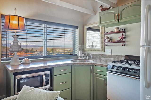 178 N Valley View Dr, North Salt Lake, UT 84054 - kitchen with green cabinets, a sink, and white appliances