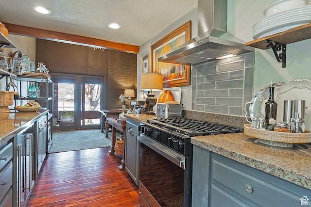 178 N Valley View Dr, North Salt Lake, UT 84054 - kitchen with decorative backsplash, beamed ceiling, stainless steel range with gas stovetop, wall chimney exhaust hood, and dark wood finished floors