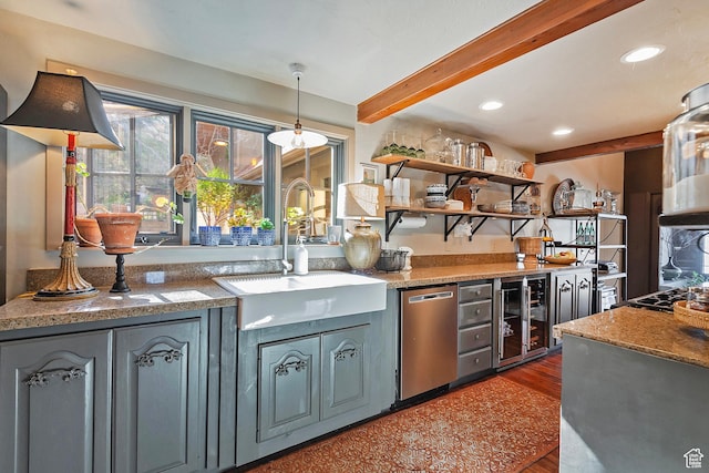 178 N Valley View Dr, North Salt Lake, UT 84054 - kitchen featuring a sink, beam ceiling, beverage cooler, dishwasher, and wood finished floors