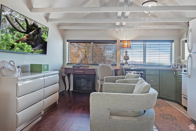 178 N Valley View Dr, North Salt Lake, UT 84054 - living area featuring vaulted ceiling with beams and wood finished floors