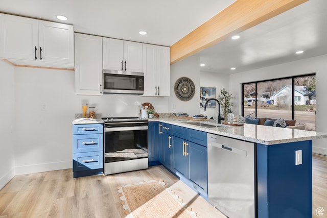 223 N Harrison Blvd, Ogden, UT 84404 - kitchen featuring white cabinets, a peninsula, blue cabinetry, appliances with stainless steel finishes, and a sink