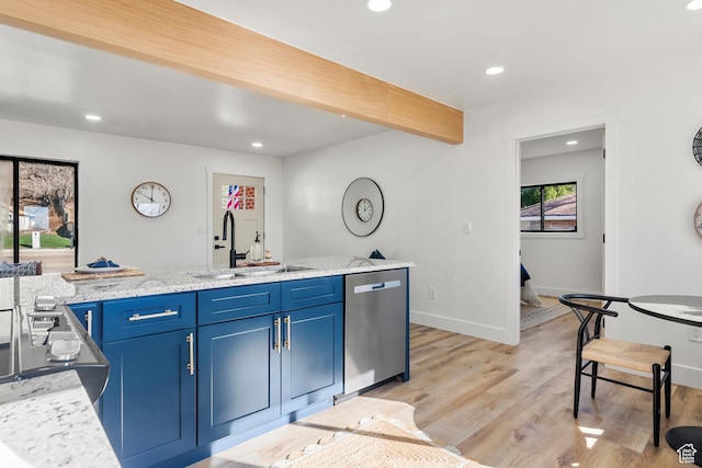 223 N Harrison Blvd, Ogden, UT 84404 - kitchen featuring light wood-type flooring, blue cabinets, a sink, beam ceiling, and dishwasher