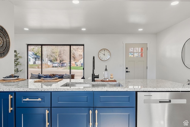 223 N Harrison Blvd, Ogden, UT 84404 - kitchen featuring a sink, light stone countertops, blue cabinets, dishwasher, and recessed lighting