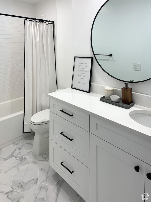 5188 S Saddleback Dr, Holladay, UT 84117 - full bath featuring marble finish floor, shower / tub combo, toilet, and vanity