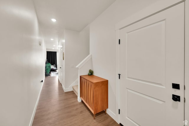 499 N 420 W Unit 138, Lindon, UT 84042 - hallway with light wood finished floors, baseboards, stairs, and recessed lighting