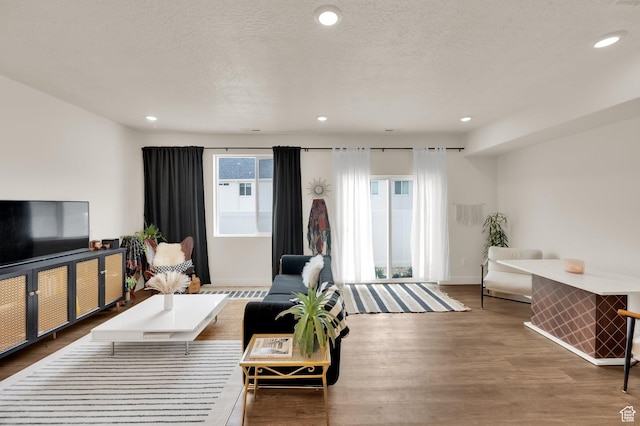 499 N 420 W Unit 138, Lindon, UT 84042 - living room featuring baseboards, a textured ceiling, wood finished floors, and recessed lighting