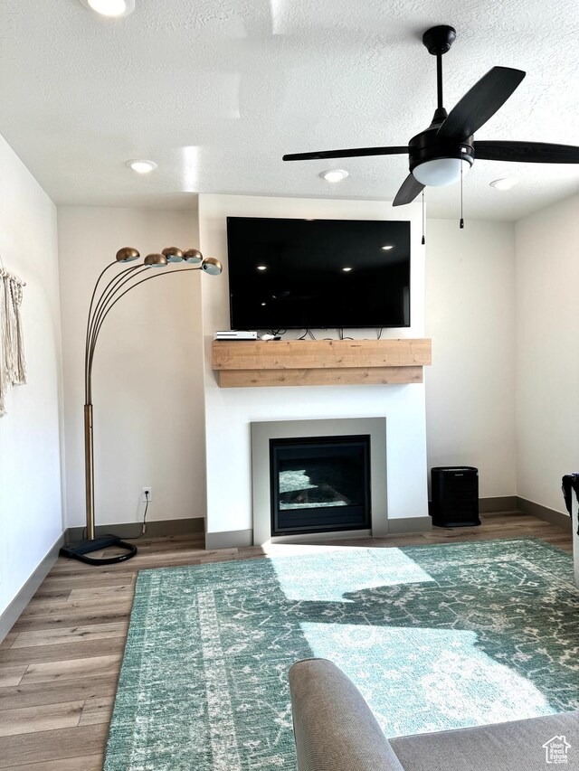 386 S Amber Field Dr Unit 508, Grantsville, UT 84029 - living area with a ceiling fan, a fireplace, wood finished floors, a textured ceiling, and baseboards