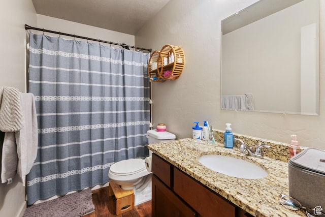 bathroom featuring toilet, vanity, curtained shower, and wood finished floors