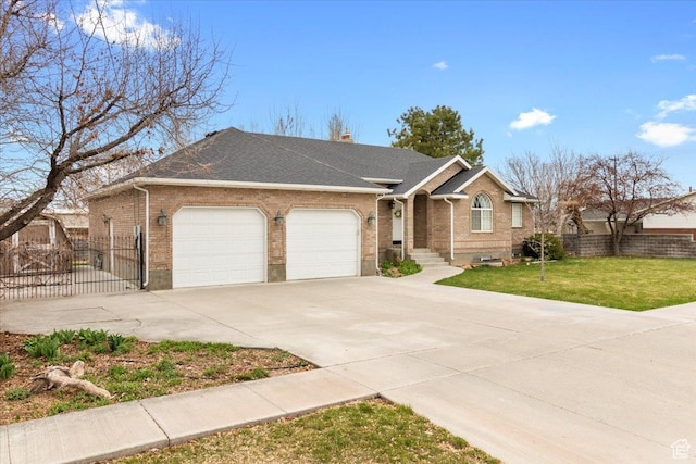 ranch-style house with brick siding, fence, a front lawn, and concrete driveway
