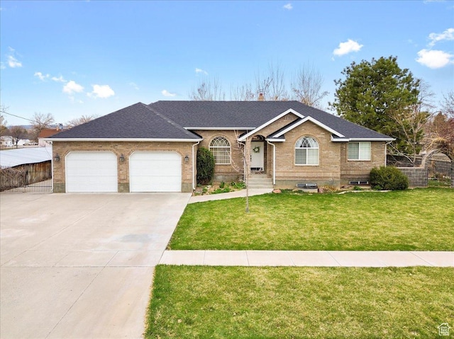 single story home with driveway, fence, an attached garage, brick siding, and a front lawn