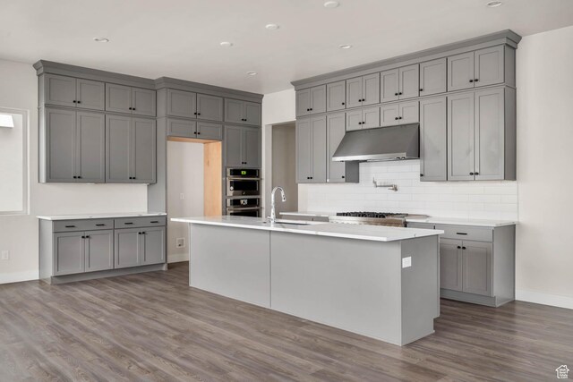 14913 S Thorntree Ln, Herriman, UT 84096 - kitchen featuring gray cabinetry, under cabinet range hood, a sink, and recessed lighting