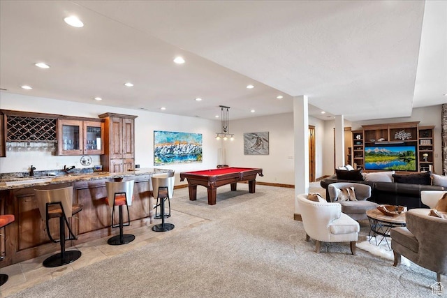 1049 S Meadow Lark Ln E, Huntsville, UT 84317 - game room with wet bar, recessed lighting, billiards, baseboards, and light colored carpet