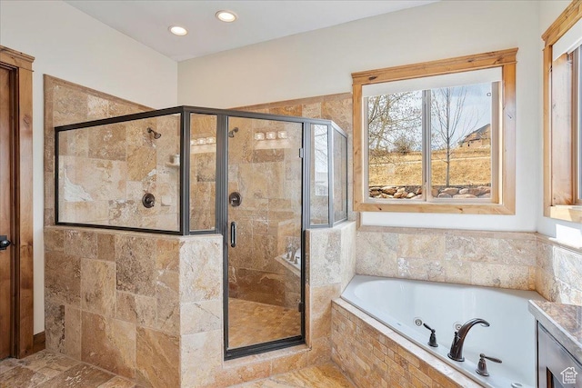1049 S Meadow Lark Ln E, Huntsville, UT 84317 - full bath with a bath, a shower stall, and recessed lighting