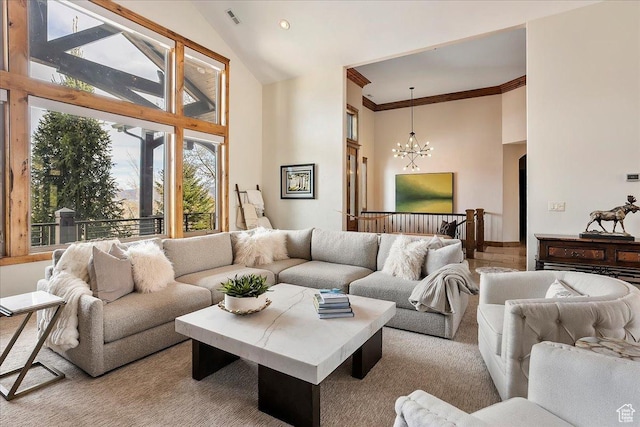1049 S Meadow Lark Ln E, Huntsville, UT 84317 - living room with a chandelier, high vaulted ceiling, crown molding, and carpet floors